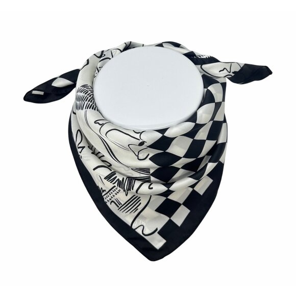 ⭐Luxury Silky Square Scarf Bandana Abstract Checkered BLACK WHITE Modern Art New - Picture 3 of 8